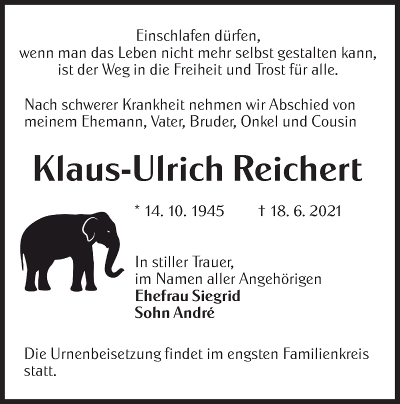 Traueranzeige für Klaus-Ulrich Reichert vom 26.06.2021 aus lausitzer_rundschau