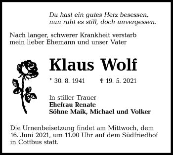 Traueranzeige von Klaus Wolf von lausitzer_rundschau