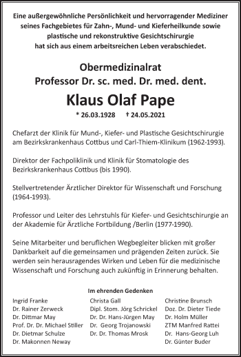 Traueranzeige von Klaus Olaf Pape von lausitzer_rundschau