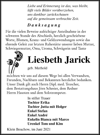 Traueranzeige von Liesbeth Jarick von lausitzer_rundschau