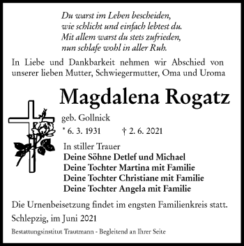 Traueranzeige von Magdalena Rogatz von lausitzer_rundschau