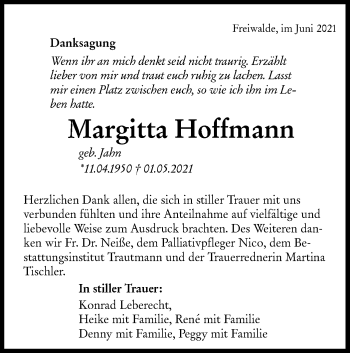 Traueranzeige von Margitta Hoffmann von lausitzer_rundschau