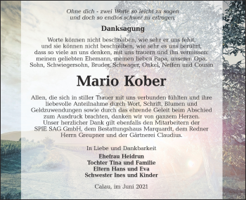 Traueranzeige von Mario Kober von lausitzer_rundschau