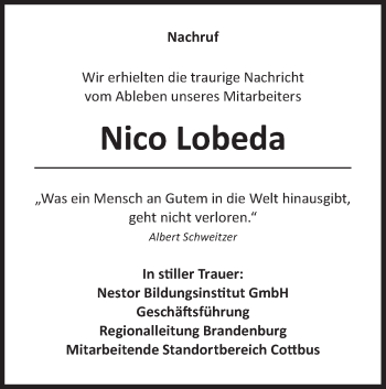 Traueranzeige von Nico Lobeda von lausitzer_rundschau