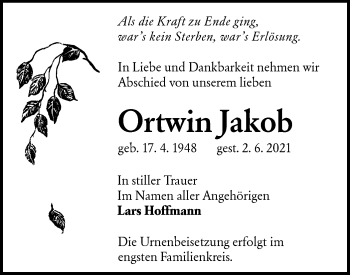 Traueranzeige von Ortwin Jakob von lausitzer_rundschau