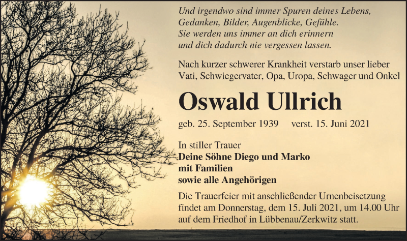  Traueranzeige für Oswald Ullrich vom 26.06.2021 aus lausitzer_rundschau