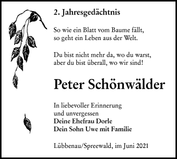 Traueranzeige von Peter Schönwälder von lausitzer_rundschau
