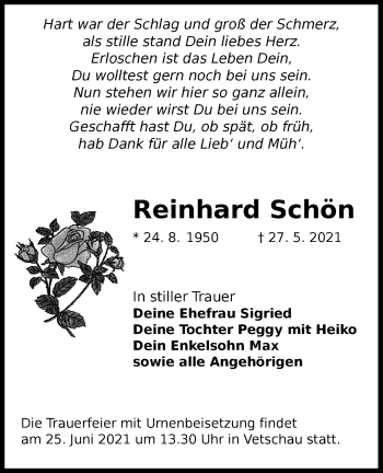 Traueranzeige von Reinhard Schön von lausitzer_rundschau