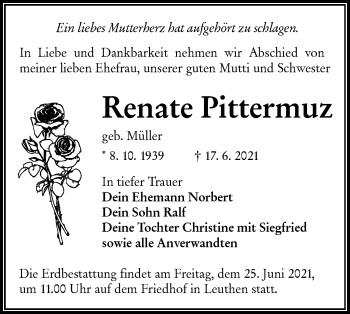 Traueranzeige von Renate Pittermuz von lausitzer_rundschau