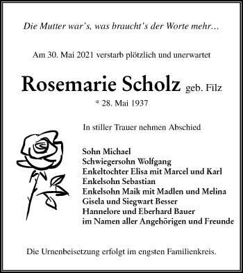Traueranzeige von Rosemarie Scholz von lausitzer_rundschau