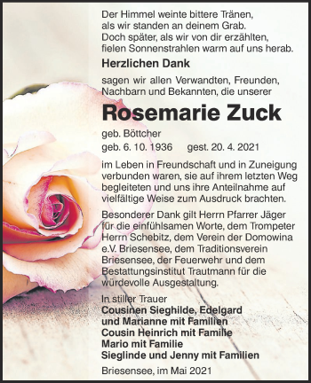 Traueranzeige von Rosemarie Zuck von lausitzer_rundschau