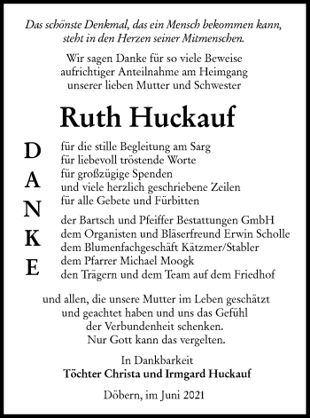 Traueranzeige von Ruth Huckauf von lausitzer_rundschau