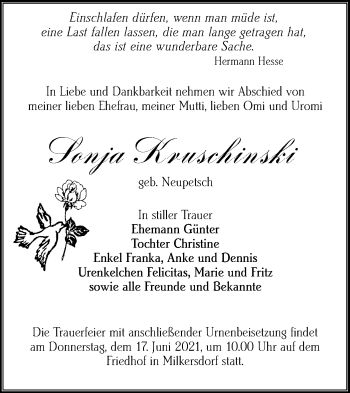 Traueranzeige von Sonja Kruschinski von lausitzer_rundschau