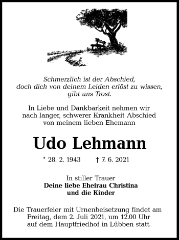 Traueranzeige von Udo Lehmann von lausitzer_rundschau