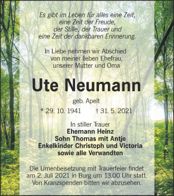 Traueranzeige von Ute Neumann von lausitzer_rundschau