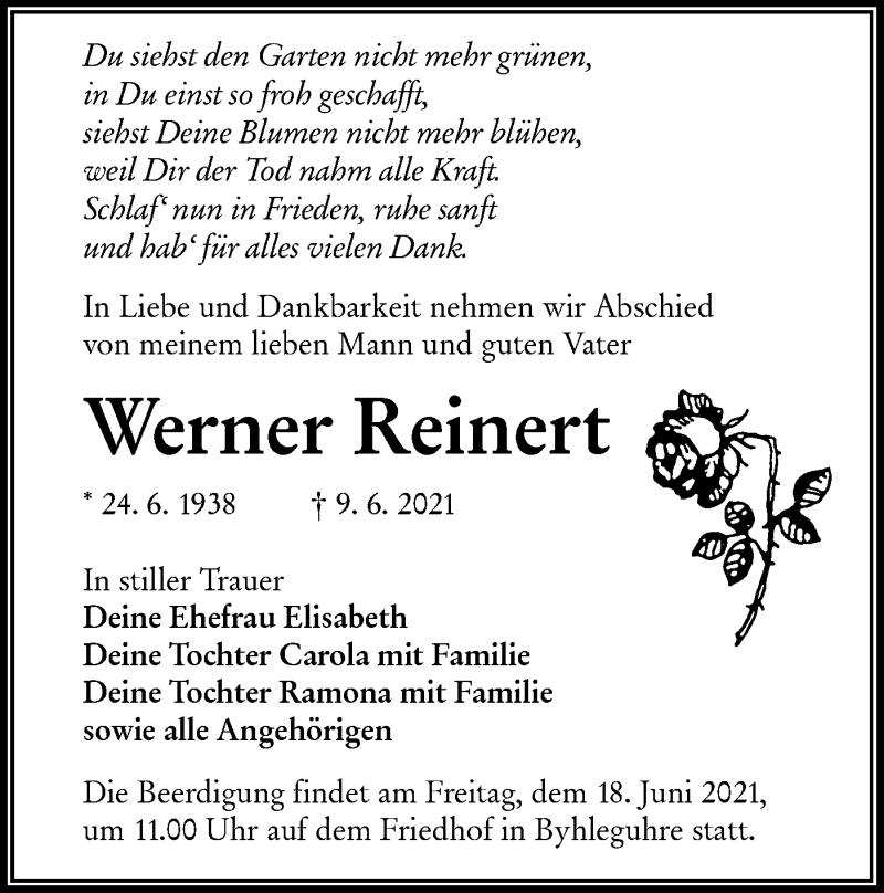  Traueranzeige für Werner Reinert vom 14.06.2021 aus lausitzer_rundschau