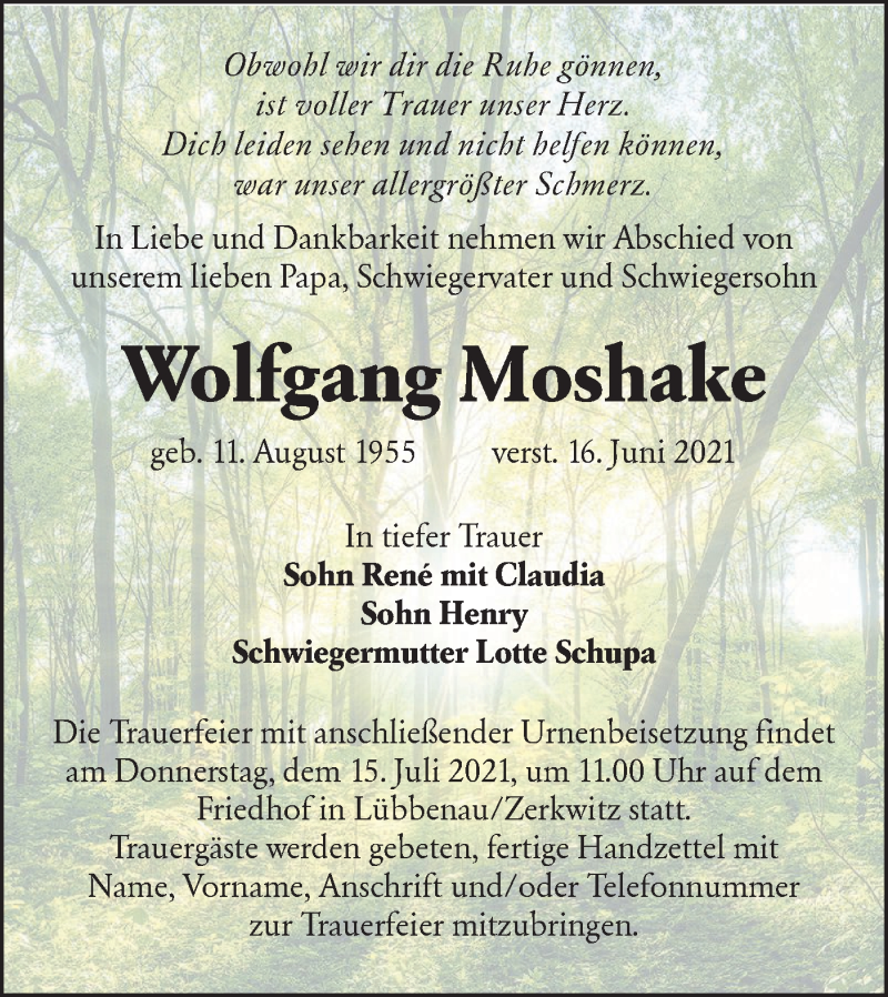  Traueranzeige für Wolfgang Moshake vom 26.06.2021 aus lausitzer_rundschau