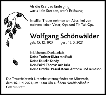 Traueranzeige von Wolfgang Schönwälder von lausitzer_rundschau