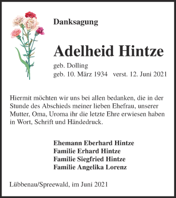 Traueranzeige von Adelheid Hintze von lausitzer_rundschau
