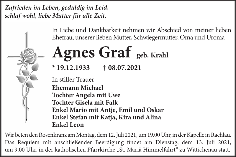  Traueranzeige für Agnes Graf vom 13.07.2021 aus lausitzer_rundschau