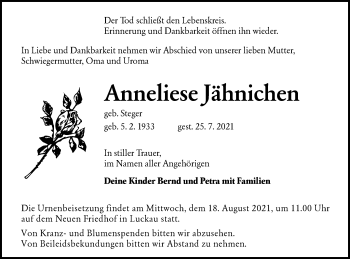 Traueranzeige von Anneliese Jähnichen von lausitzer_rundschau