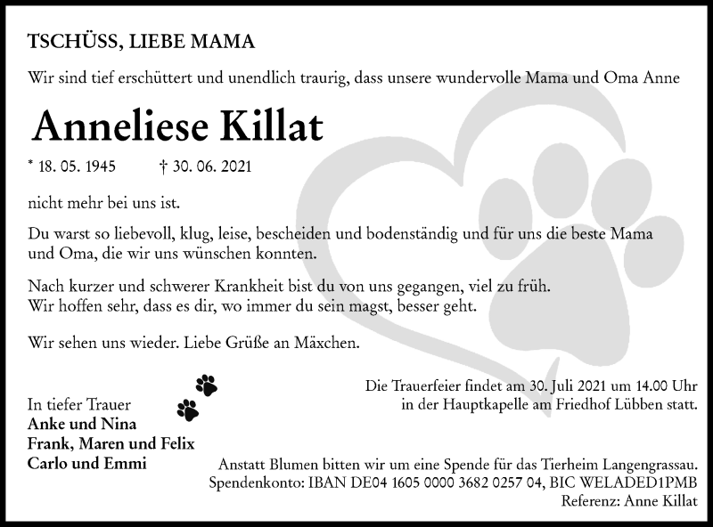  Traueranzeige für Anneliese Killat vom 17.07.2021 aus lausitzer_rundschau