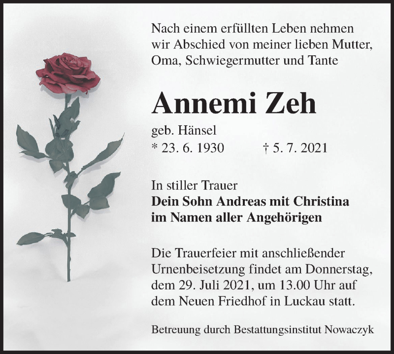  Traueranzeige für Annemi Zeh vom 17.07.2021 aus lausitzer_rundschau