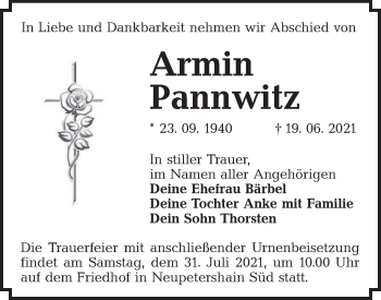 Traueranzeige von Armin Pannwitz von lausitzer_rundschau