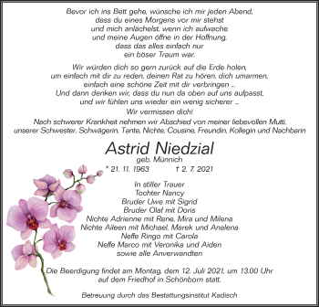 Traueranzeige von Astrid Niedzial von lausitzer_rundschau