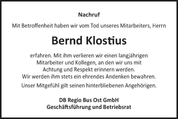 Traueranzeige von Bernd Klostius von lausitzer_rundschau