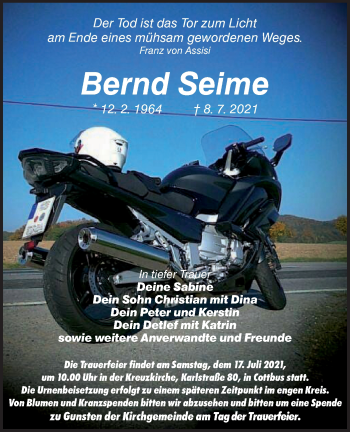 Traueranzeige von Bernd Seime von lausitzer_rundschau