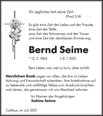Traueranzeige von Bernd Seime von lausitzer_rundschau