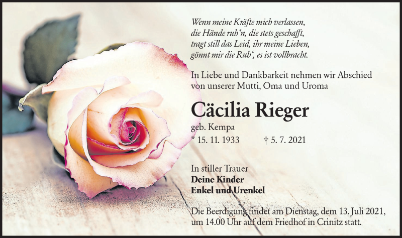  Traueranzeige für Cäcilia Rieger vom 09.07.2021 aus lausitzer_rundschau
