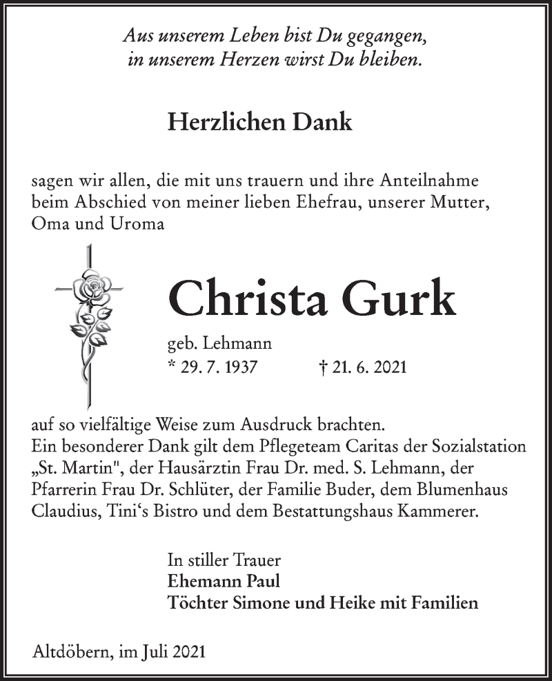  Traueranzeige für Christa Gurk vom 24.07.2021 aus lausitzer_rundschau