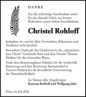 Traueranzeige von Christel Rohloff von lausitzer_rundschau