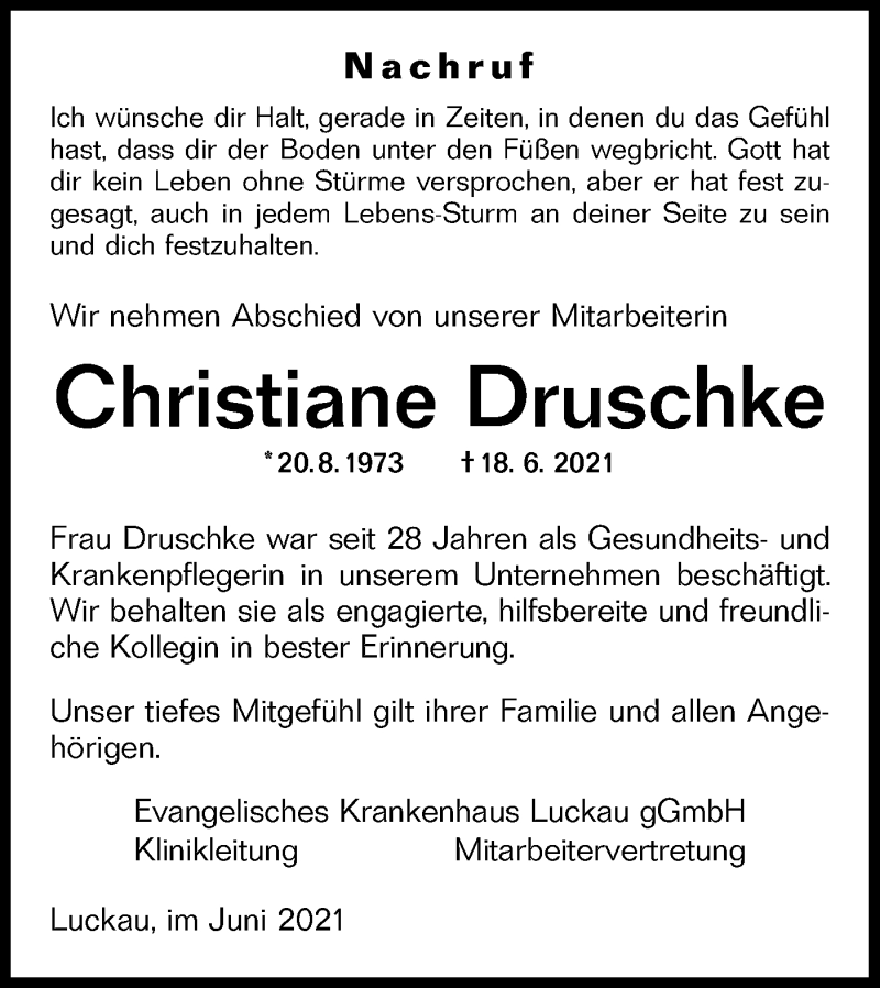  Traueranzeige für Christiane Druschke vom 17.07.2021 aus lausitzer_rundschau