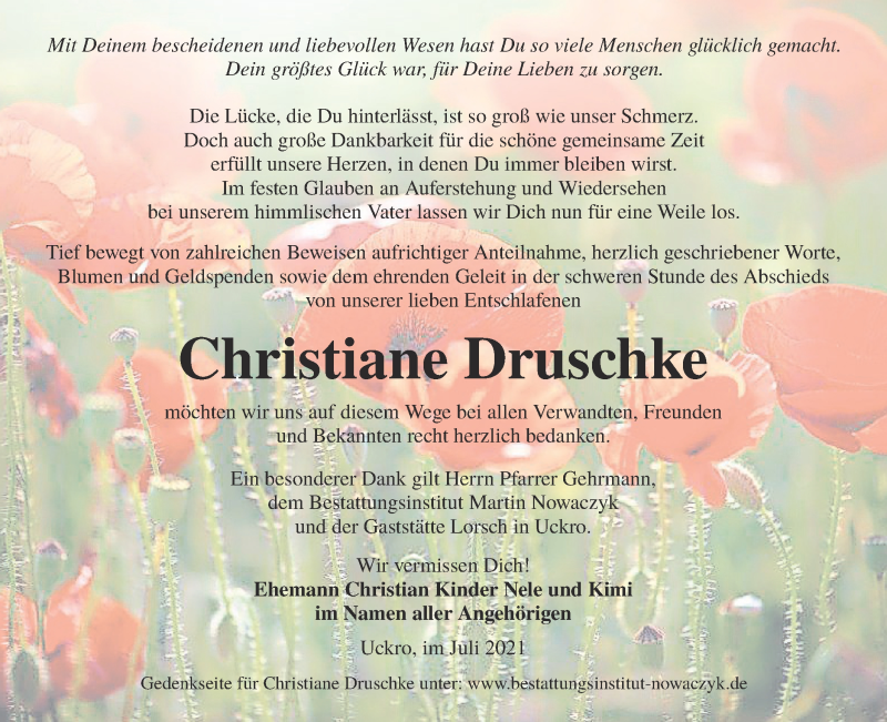  Traueranzeige für Christiane Druschke vom 31.07.2021 aus lausitzer_rundschau