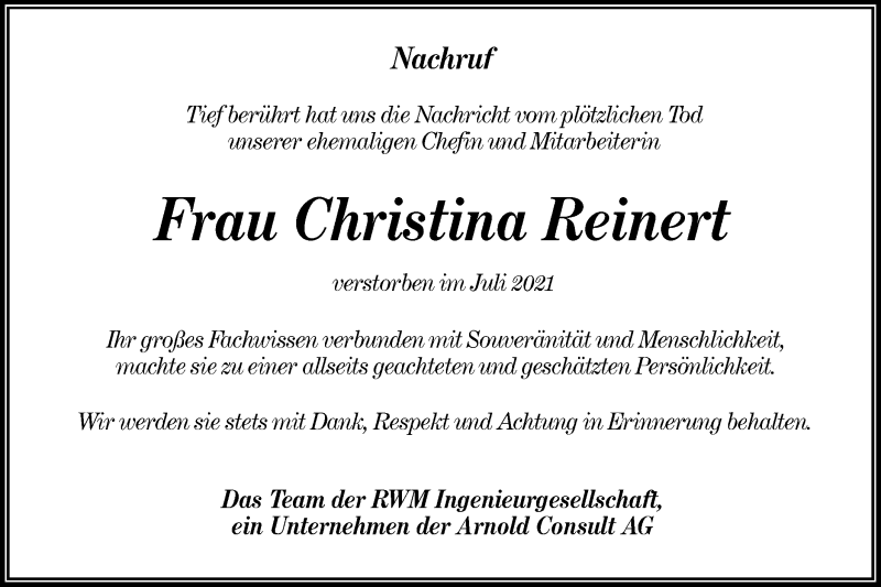 Traueranzeige für Christina Reinert vom 17.07.2021 aus lausitzer_rundschau