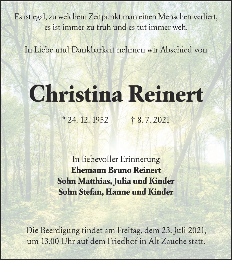  Traueranzeige für Christina Reinert vom 17.07.2021 aus lausitzer_rundschau
