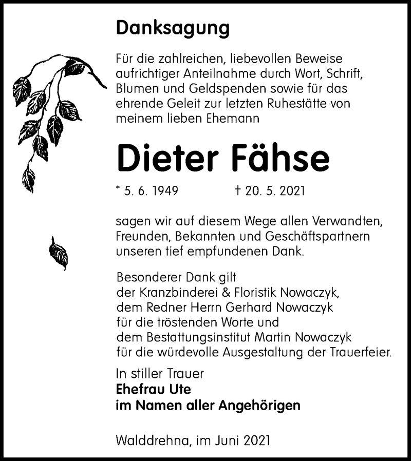  Traueranzeige für Dieter Fähse vom 24.07.2021 aus lausitzer_rundschau