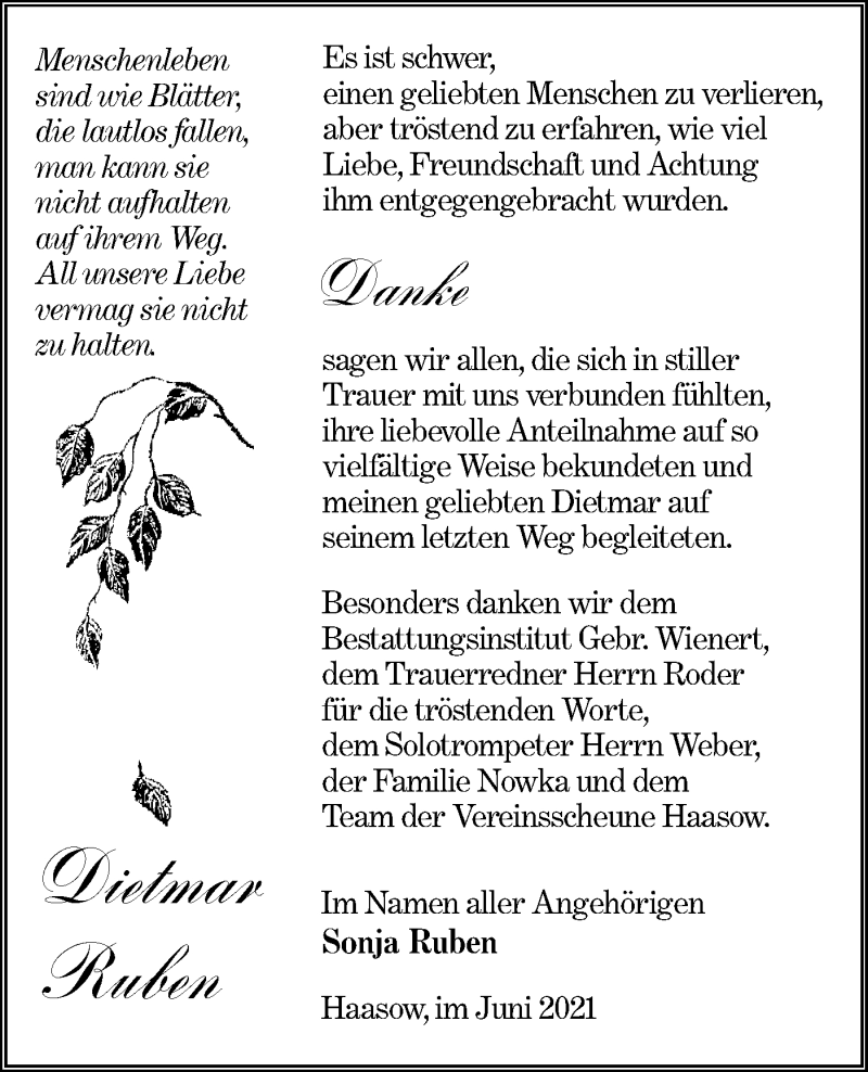  Traueranzeige für Dietmar Ruben vom 10.07.2021 aus lausitzer_rundschau