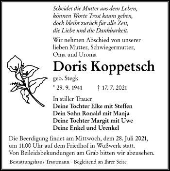Traueranzeige von Doris Koppetsch von lausitzer_rundschau