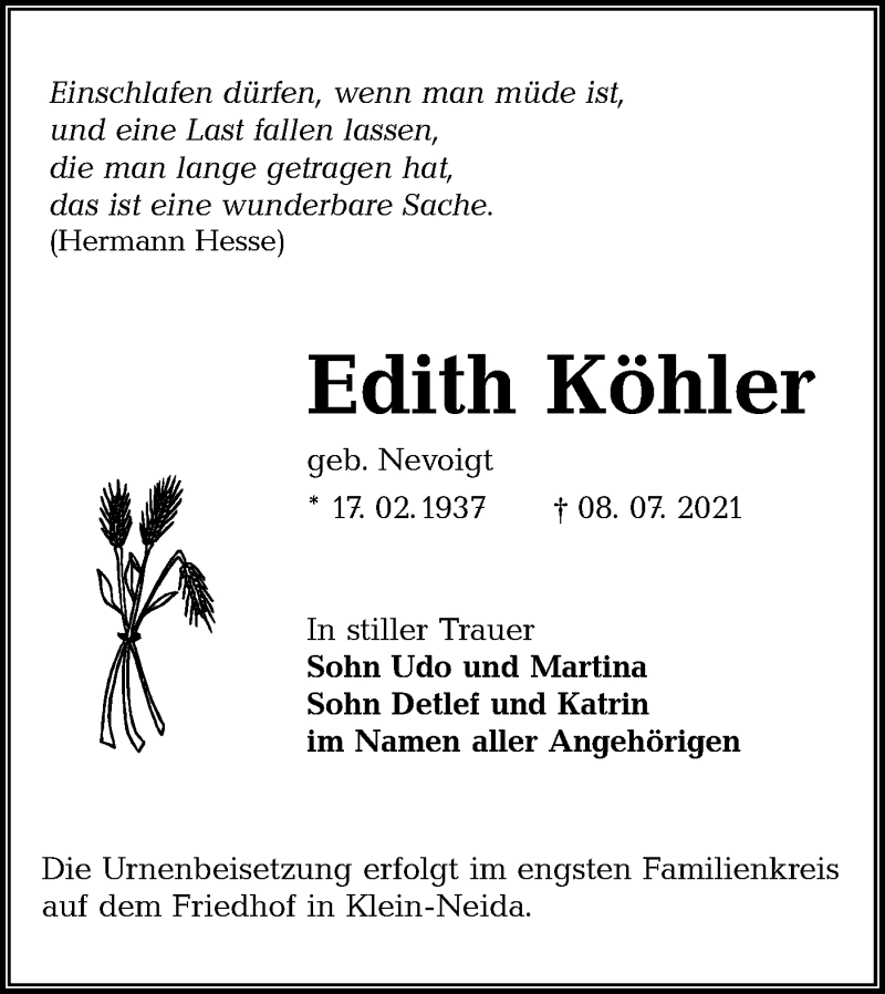  Traueranzeige für Edith Köhler vom 10.07.2021 aus lausitzer_rundschau