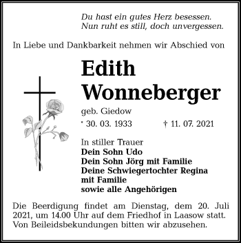 Traueranzeige von Edith Wonneberger von lausitzer_rundschau