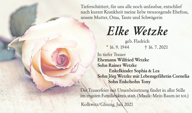  Traueranzeige für Elke Wetzke vom 24.07.2021 aus lausitzer_rundschau