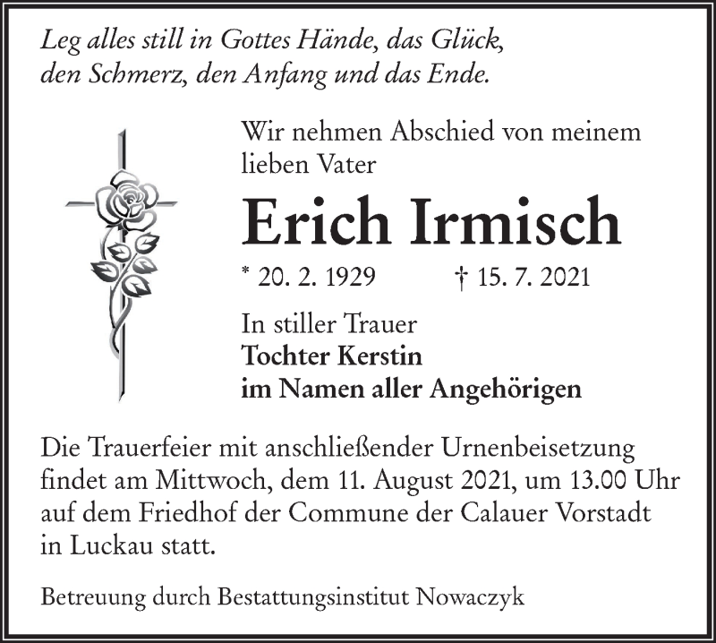  Traueranzeige für Erich Irmisch vom 24.07.2021 aus lausitzer_rundschau