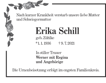 Traueranzeige von Erika Schilt von lausitzer_rundschau