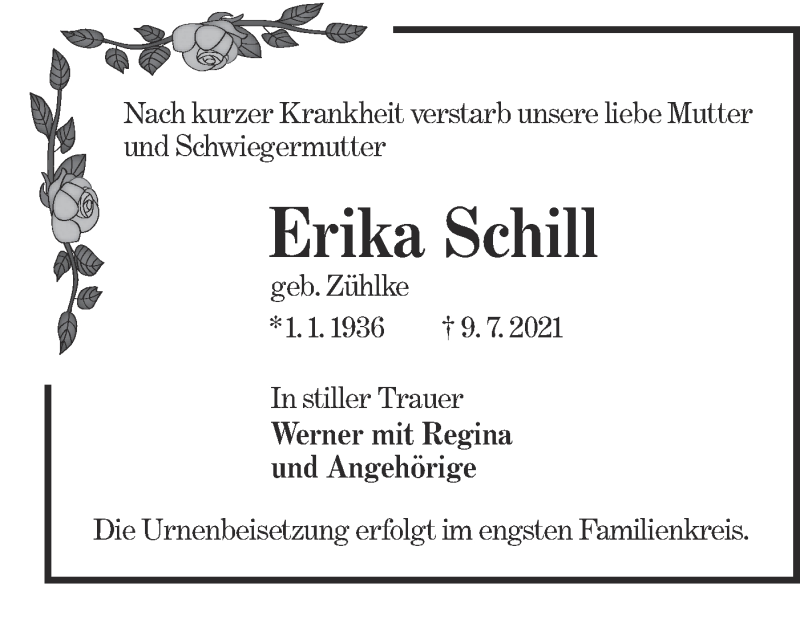  Traueranzeige für Erika Schilt vom 24.07.2021 aus lausitzer_rundschau
