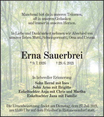 Traueranzeige von Erna Sauerbrei von lausitzer_rundschau