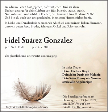 Traueranzeige von Fidel Suárez Gonzalez von lausitzer_rundschau